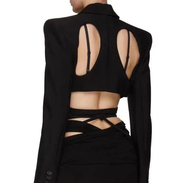 Elegant and chic women's blazer with a unique backless design and bandage waist, perfect for making a fashionable statement