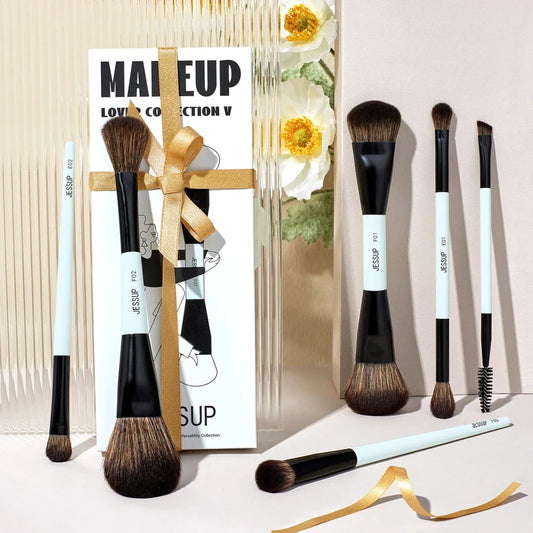A set of 6 dual-ended makeup brushes in bright cyan and matte black, designed for seamless foundation, contour, blush, eyeshadow, and brow application.