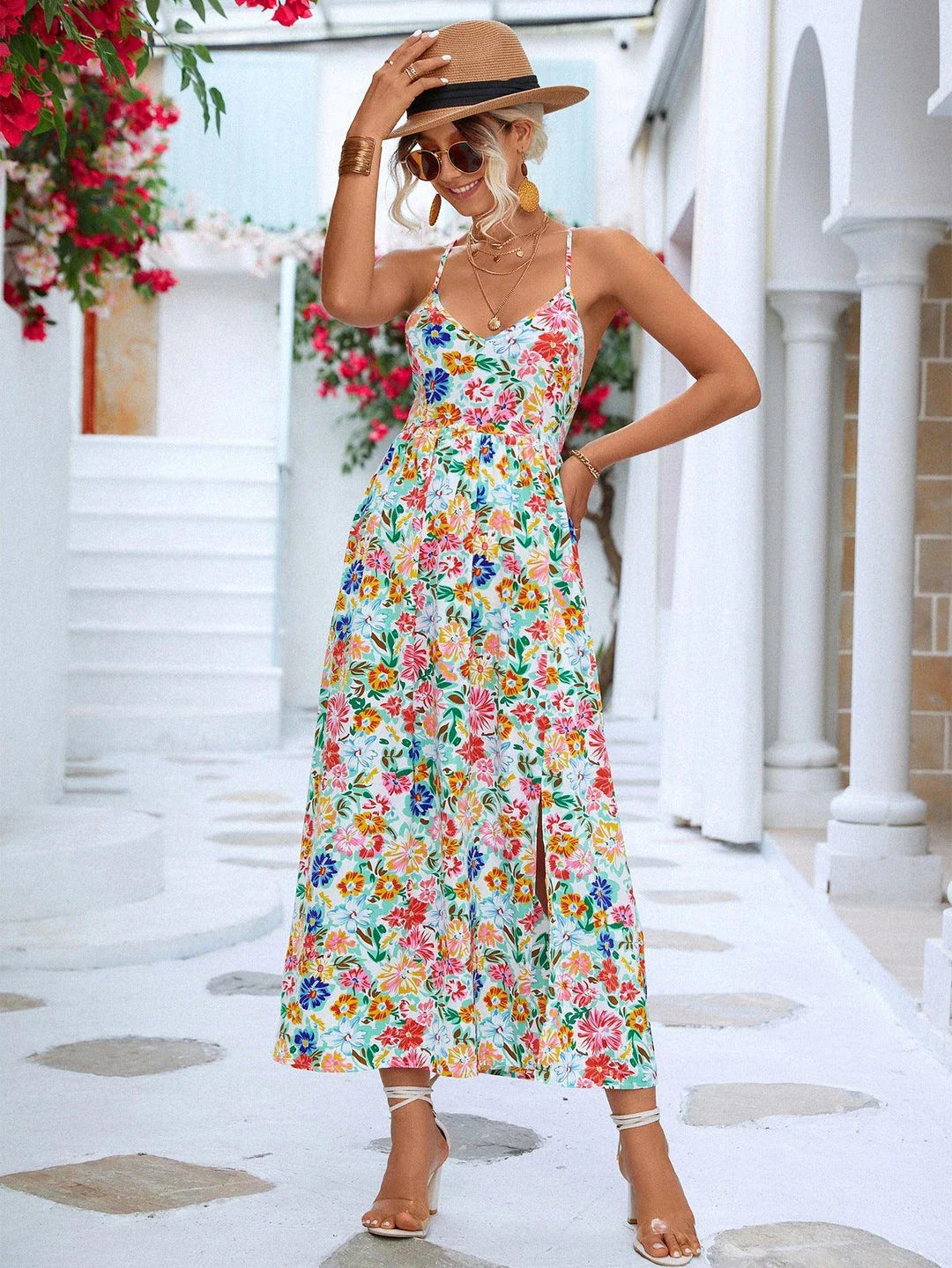 Floral Crisscross Backless Maxi Dress with Thigh Split in White and Blue Colours