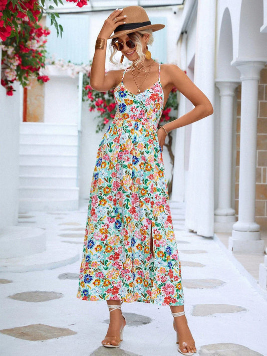 Floral Crisscross Backless Maxi Dress with Thigh Split in White and Blue Colours