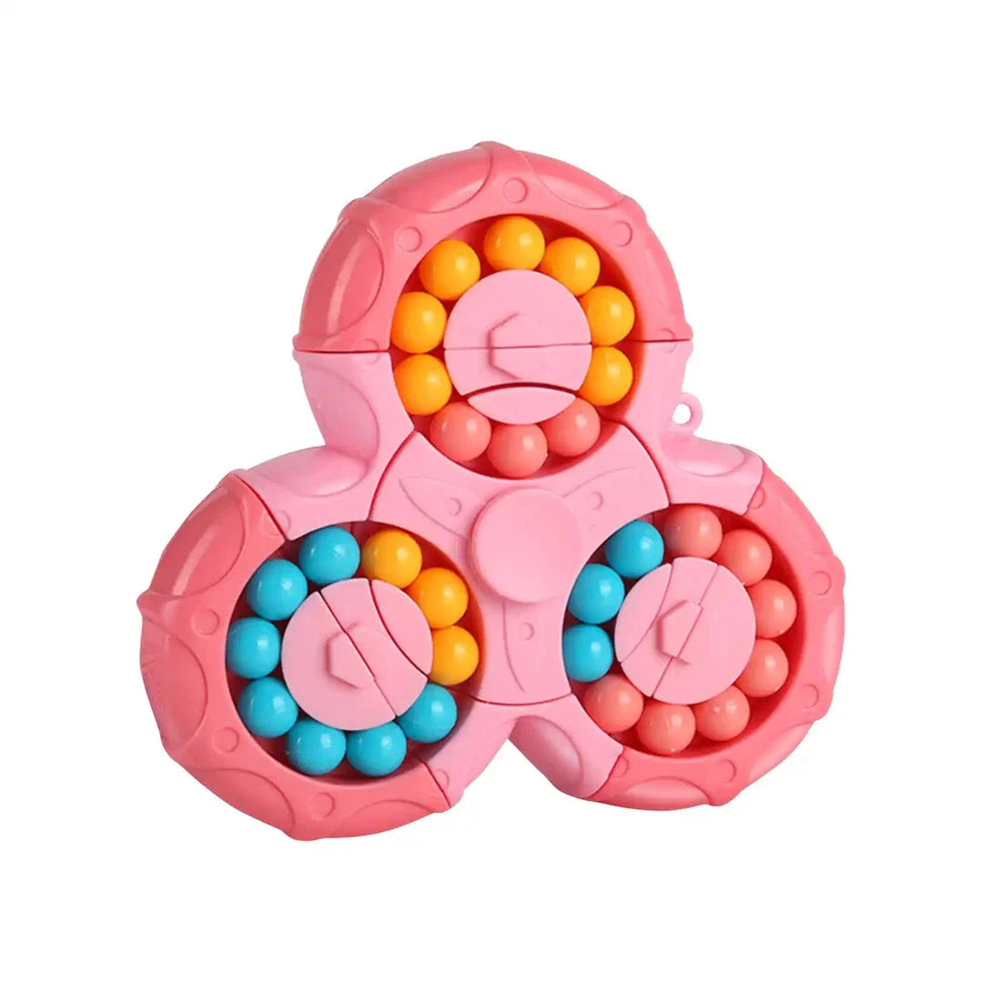A vibrant, colourful fingertip puzzle cube with a unique rotating mechanism designed to challenge the mind and relieve stress.