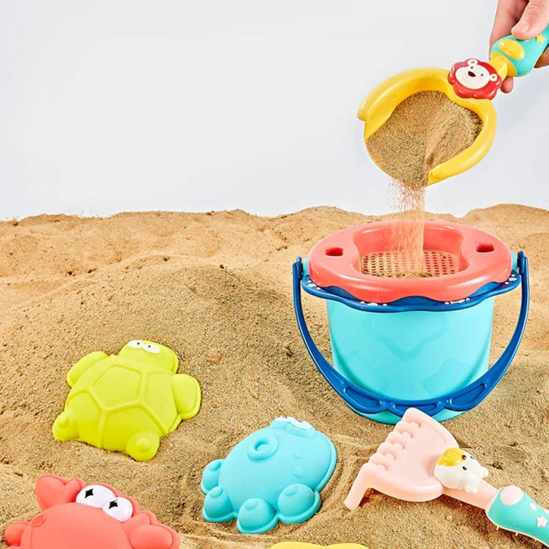 Colourful and vibrant baby beach toy set with shovels, sand moulds, and a convenient carry bag