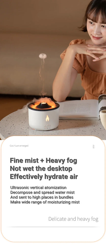 Elegant ultrasonic essential oil humidifier with flame and jellyfish-inspired lighting effects for relaxing ambiance