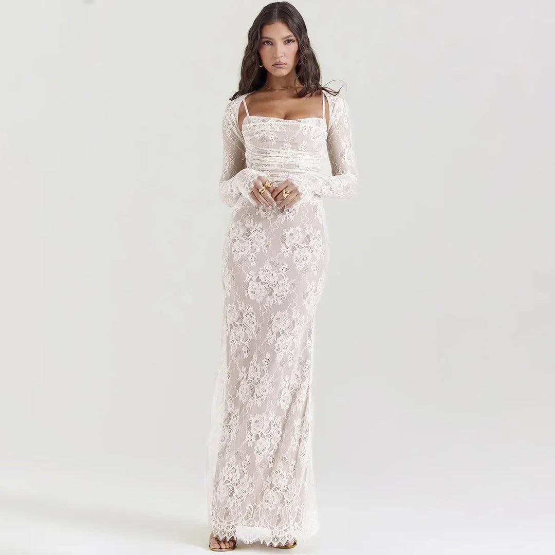 Elegant 2-Piece Lace Dress Set in Ivory, featuring a strap party dress and full sleeves outfit for formal occasions in the UK