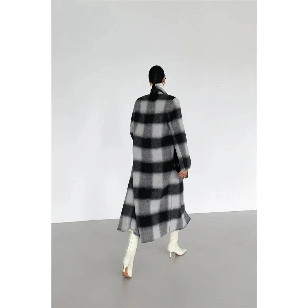 Elegant plaid double-breasted long woollen coat for women, featuring a premium blend of wool, cotton and polyester for exceptional quality and warmth.