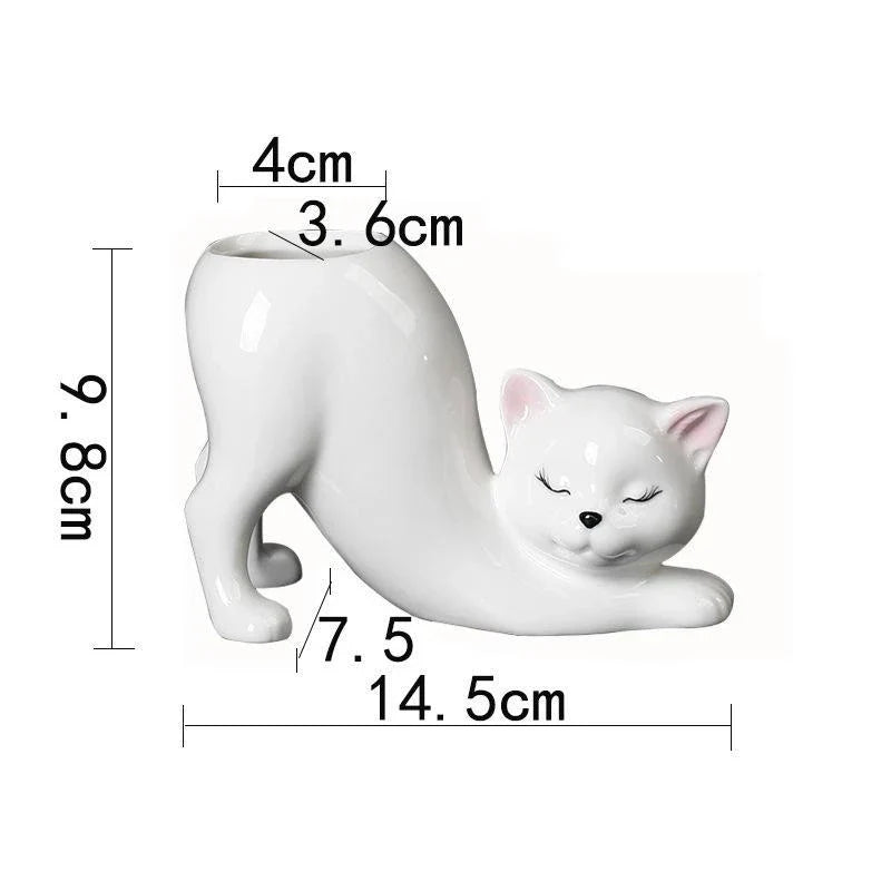 A charming cartoon cat-shaped flower pot made of high-quality glazed porcelain, perfect for adding a playful touch to your home or office decor.