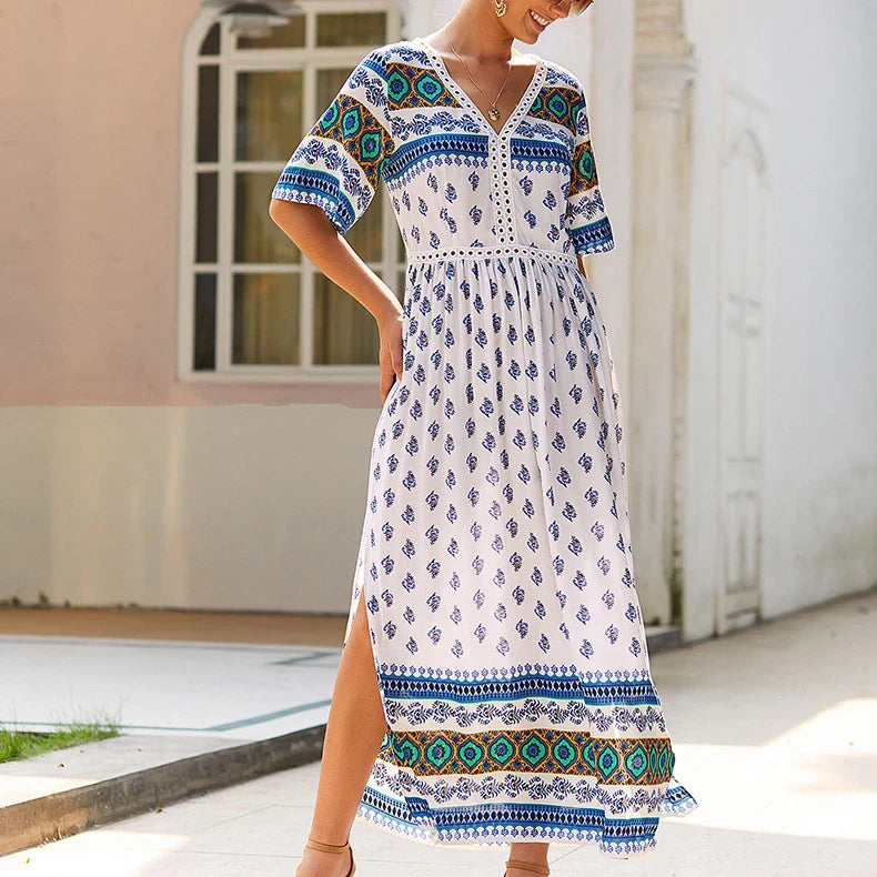 Elegant Bohemian-inspired autumn dress in vibrant yellow, made from premium cotton for a soft and comfortable feel.