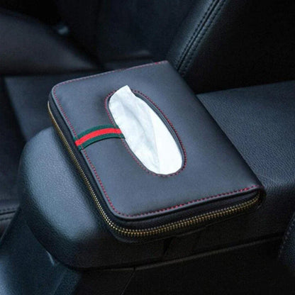 Polyurethane leather clutch-style tissue box cover for car, featuring a sophisticated design and convenient features.