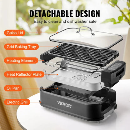 Powerful 1500W Smokeless Indoor Grill with Generous 110 sq. in. Cooking Surface, Precise Temperature Control, and Smokeless Technology