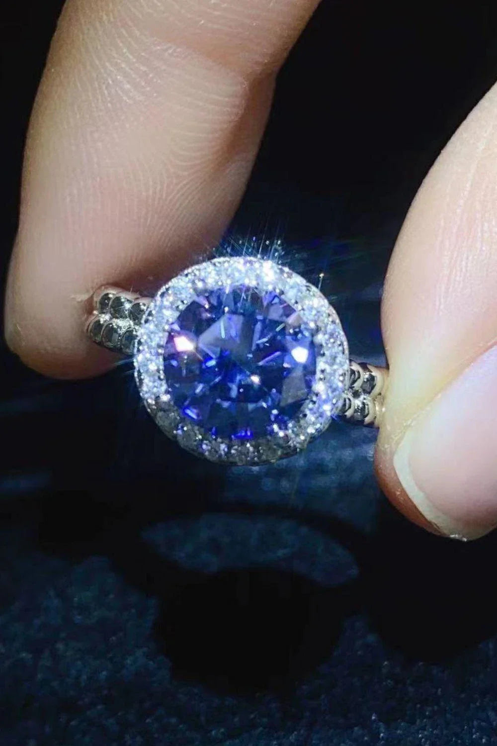 Elegant 2 carat moissanite engagement ring with a stunning royal blue centre stone and a durable 925 sterling silver band