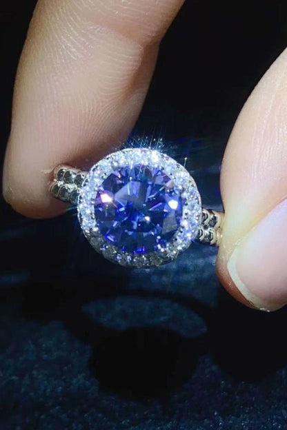 Elegant 2 carat moissanite engagement ring with a stunning royal blue centre stone and a durable 925 sterling silver band