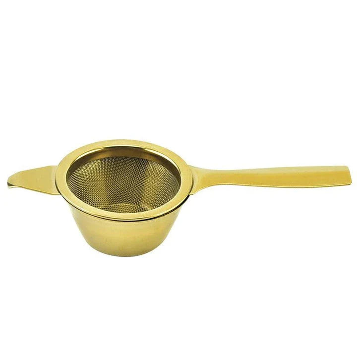 Stainless steel tea infusers with gold-tone finish in a modern, minimalist design