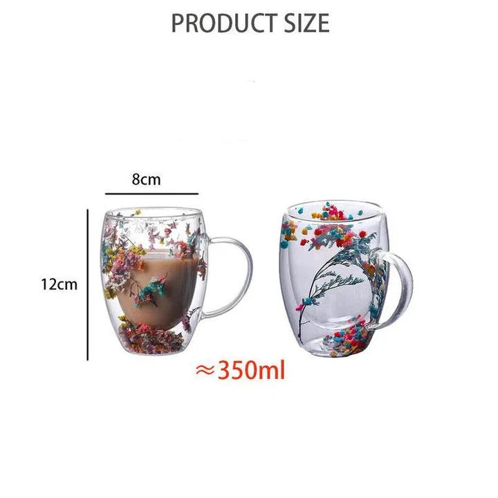 Elegant double-walled glass tea mug with a captivating floral design, ideal for hot and cold beverages