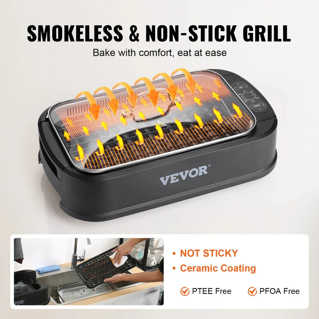 Powerful 1500W Smokeless Indoor Grill with Generous 110 sq. in. Cooking Surface, Precise Temperature Control, and Smokeless Technology