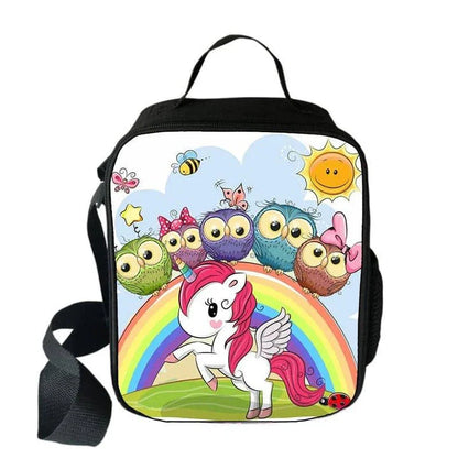Cartoon unicorn printed lunch bag for children, featuring a vibrant design and durable polyester construction