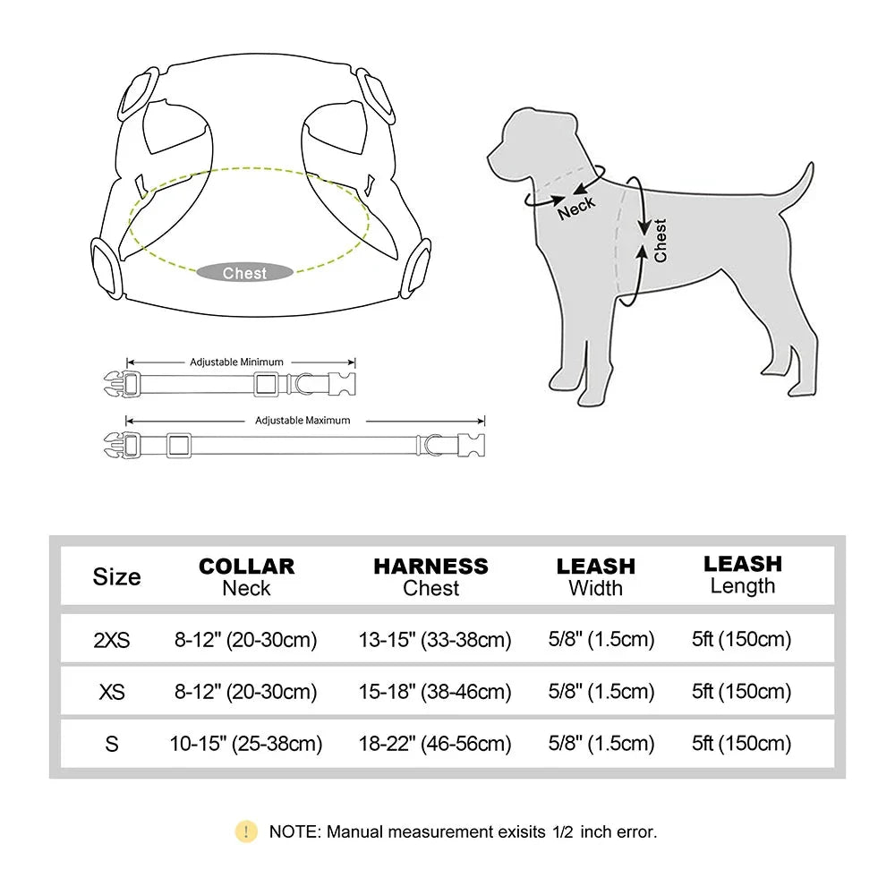 Charming quick-release dog collar, harness and lead set with adorable bow, available in various colours and sizes