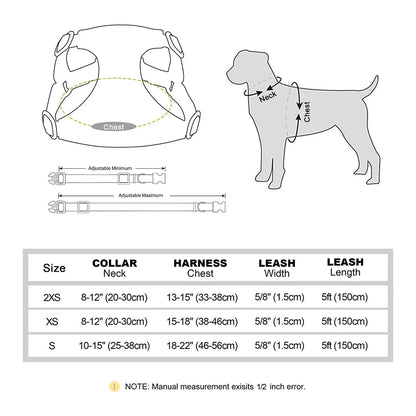 Charming quick-release dog collar, harness and lead set with adorable bow, available in various colours and sizes