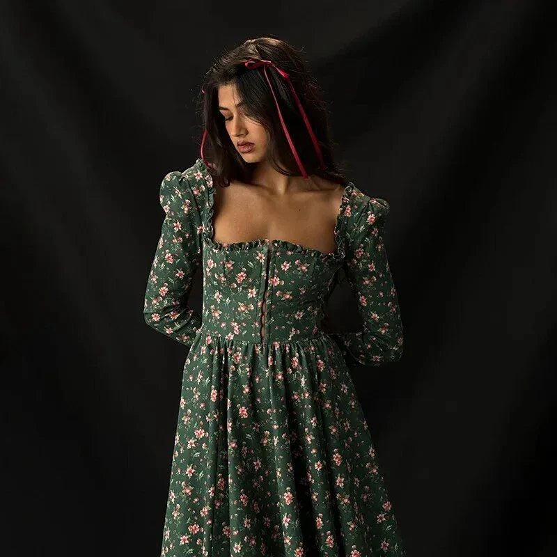 Elegant plaid A-line midi dress with square collar, backless design, and empire waistline