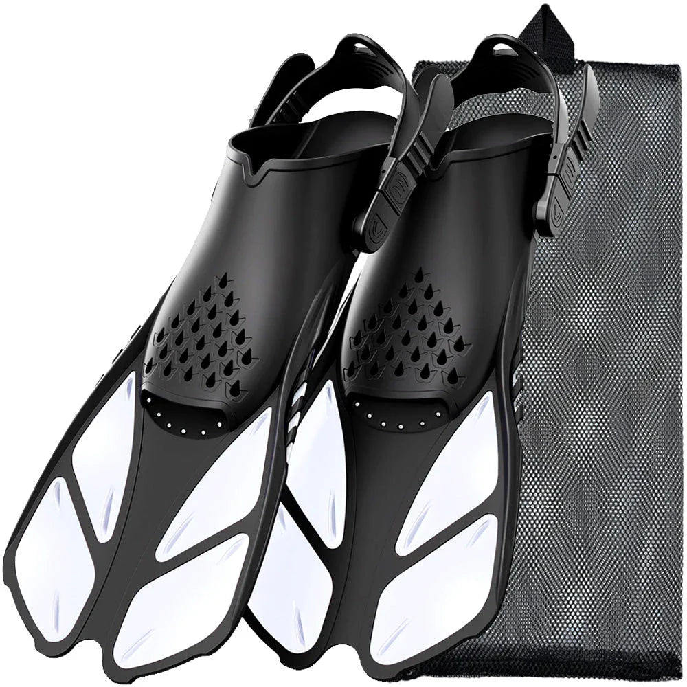 Adjustable open-heel snorkel fins with durable, lightweight construction and non-slip design for enhanced comfort and safety during underwater exploration