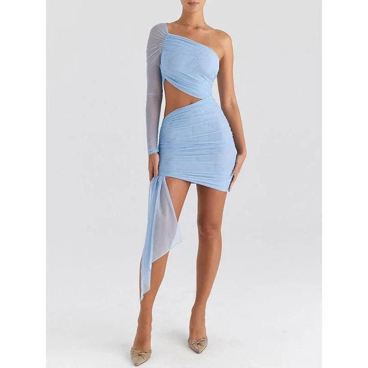 Elegant backless mini dress with sheer mesh overlay, perfect for spring and summer events in the UK
