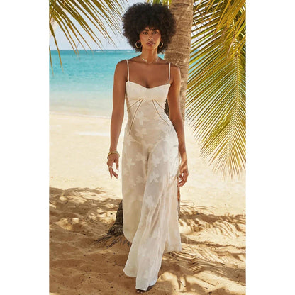Elegant beige midi corset dress with floral jacquard pattern and lace-up back design