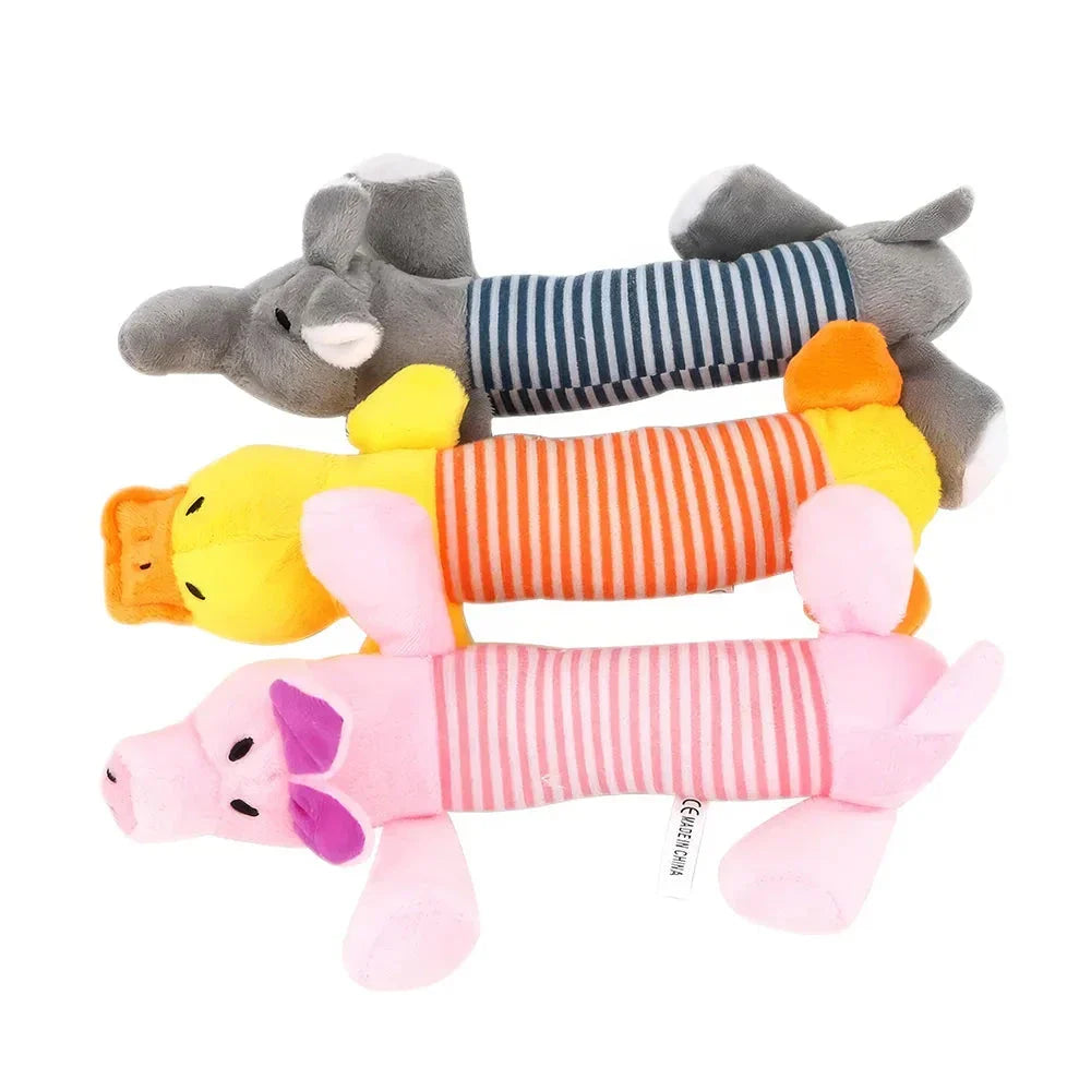 Adorable plush squeaky toys in various shapes and colours, including Pig, Duck, Elephant, and Chicken Legs, for playful pets