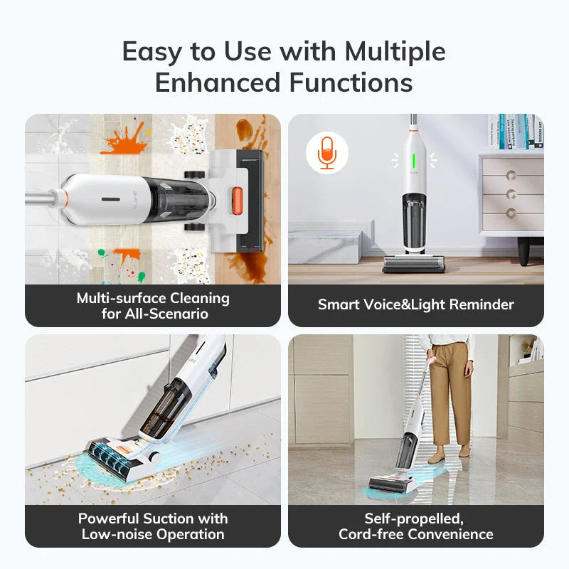 Cordless wet and dry cleaning robot mop with powerful suction, dual water tanks, and self-cleaning function for effortless floor maintenance