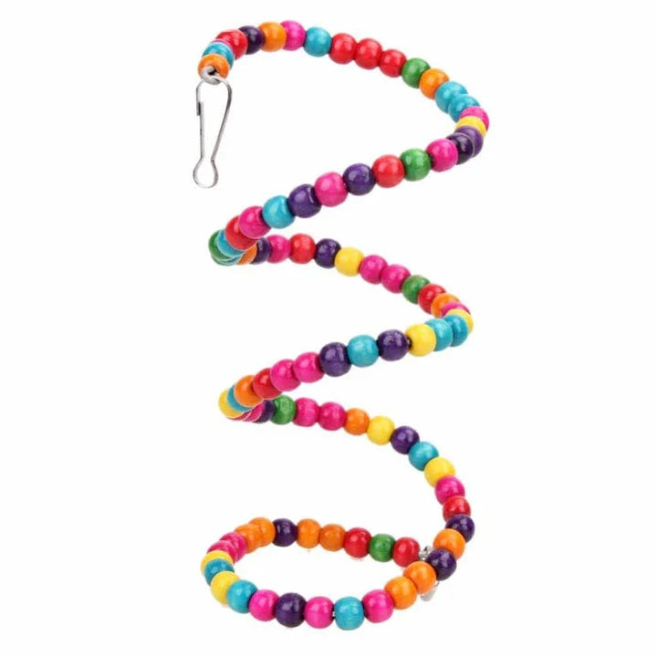 A premium British-made whimsical bird swing in multicoloured wood and iron, designed to provide a safe and entertaining play space for pet birds.