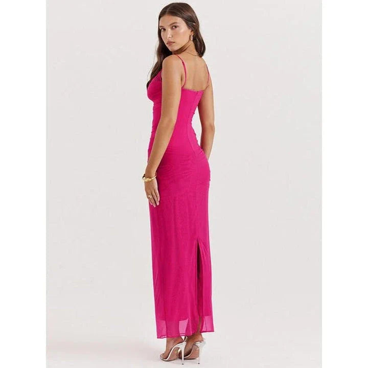Elegant lace and mesh backless maxi dress in a sleek, sophisticated design