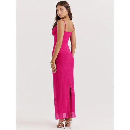Elegant lace and mesh backless maxi dress in a sleek, sophisticated design