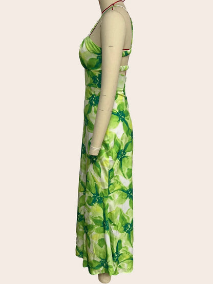 Elegant floral midi dress with backless design, available in yellow, purple, and green colours