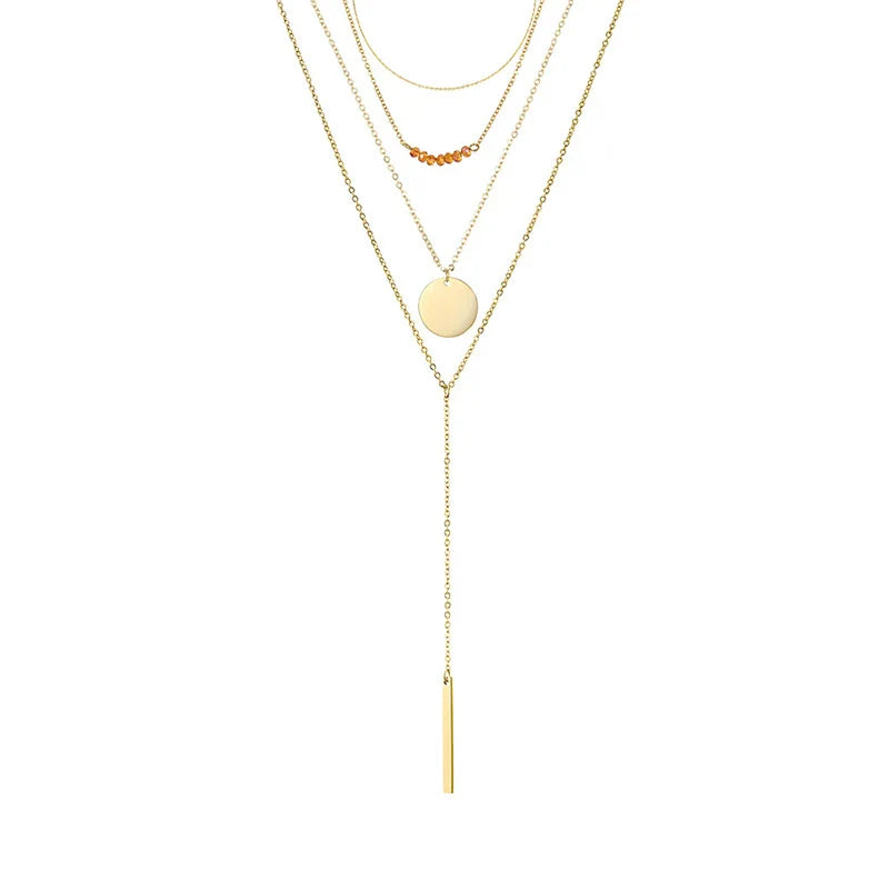 Elegant geometric long necklace made from premium stainless steel, featuring a delicate chain and captivating design for refined British style.