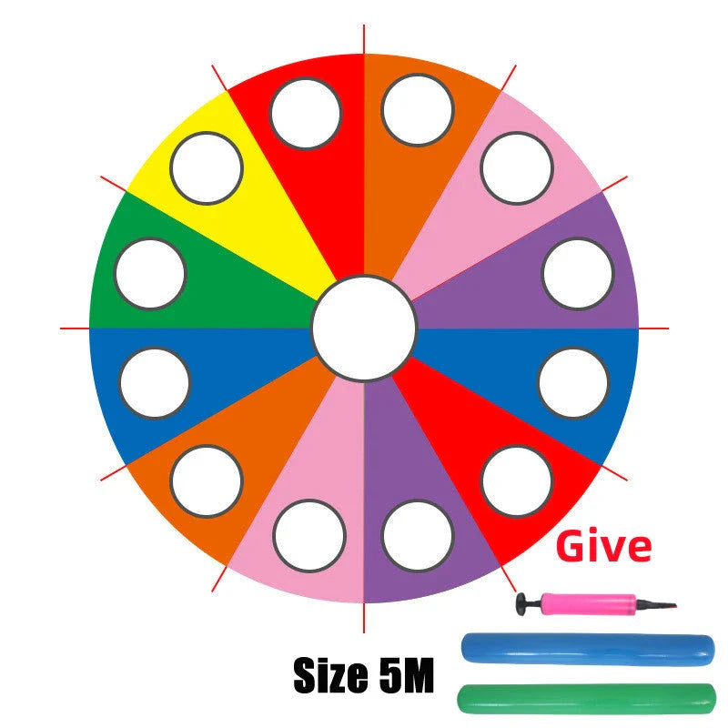 Vibrant rainbow-coloured parachute game for group play, promoting teamwork and skill development