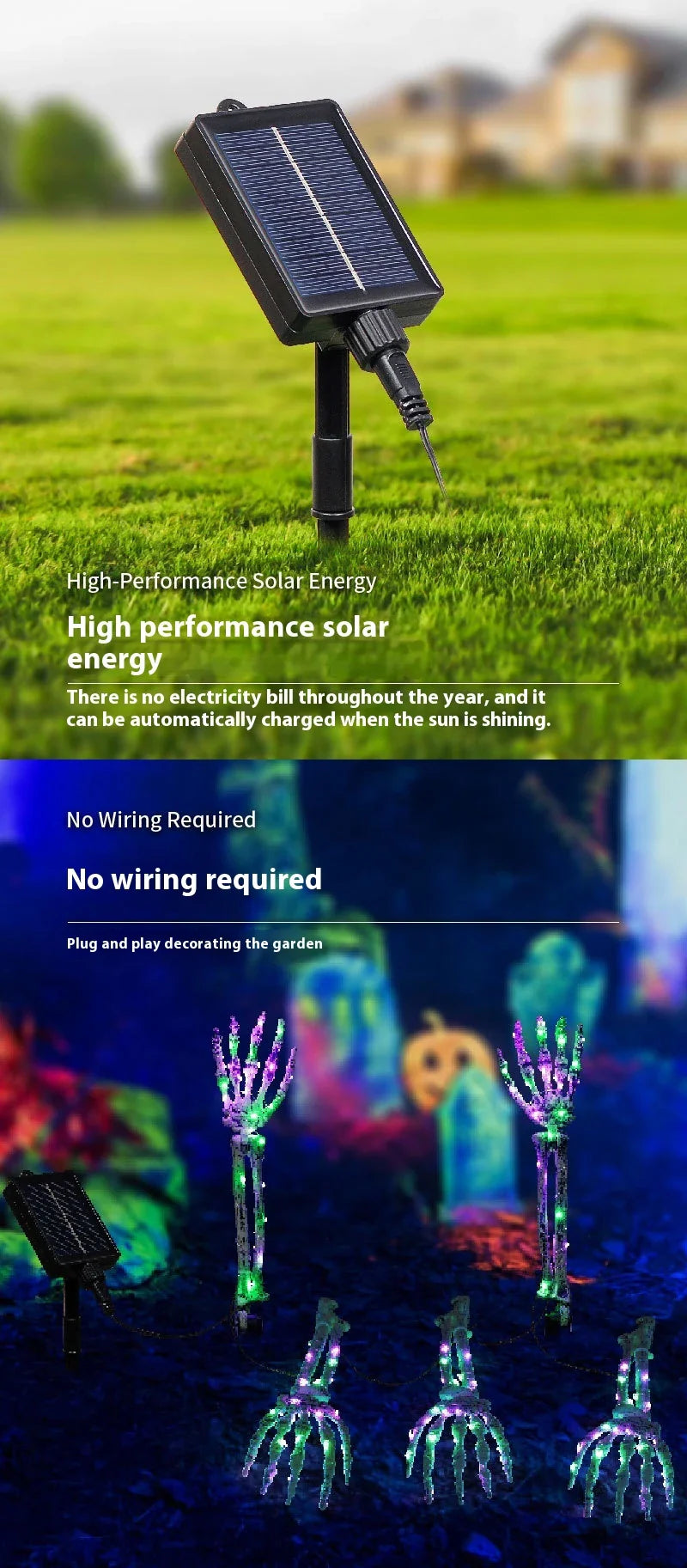Solar-powered Halloween ground lamp with hand-shaped LED lights in purple and green colours, creating a spooky ambience in an outdoor courtyard