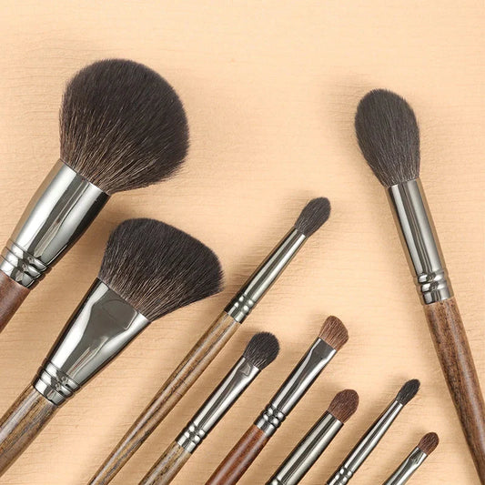 9-piece premium makeup brush set with soft goat hair bristles and natural wood handles for flawless, long-lasting makeup application