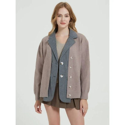 Coveted Autumn Patchwork Knit Cardigan in Khaki, featuring a unique patchwork design and classic turn-down collar
