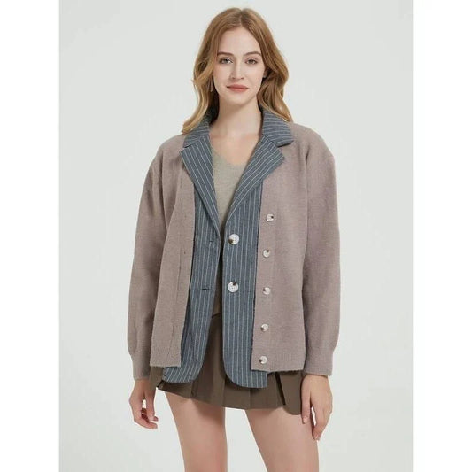Coveted Autumn Patchwork Knit Cardigan in Khaki, featuring a unique patchwork design and classic turn-down collar