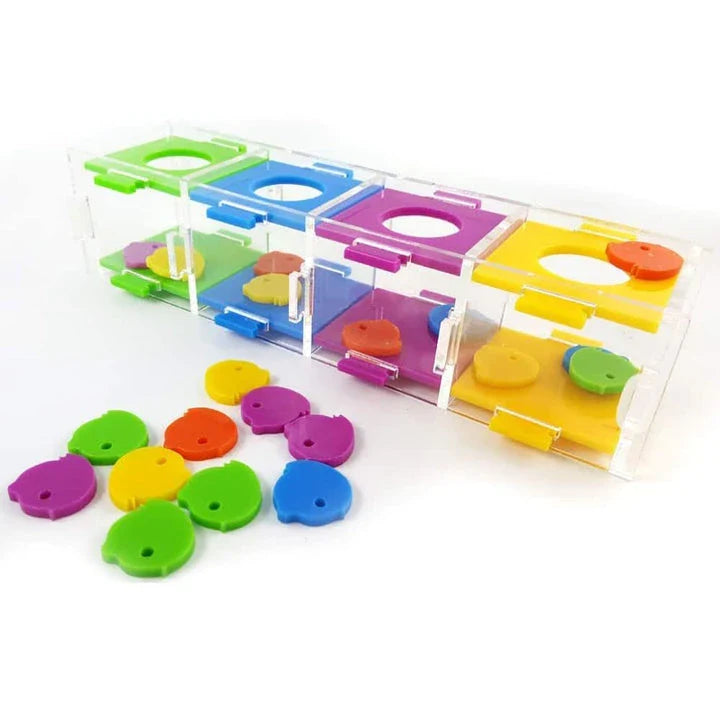 Colourful puzzle toy for parrots, featuring interlocking pieces to stimulate cognitive development and mental agility.