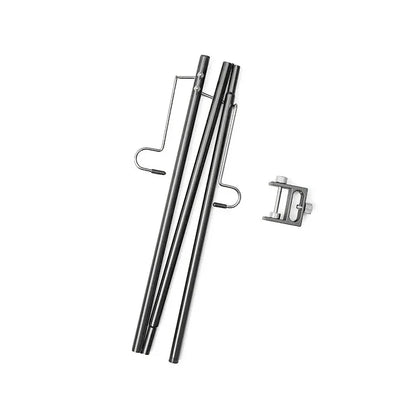 Adjustable camping lantern stand with detachable hangers, made of corrosion-resistant stainless steel and aluminium alloy for stable and elevated lighting.