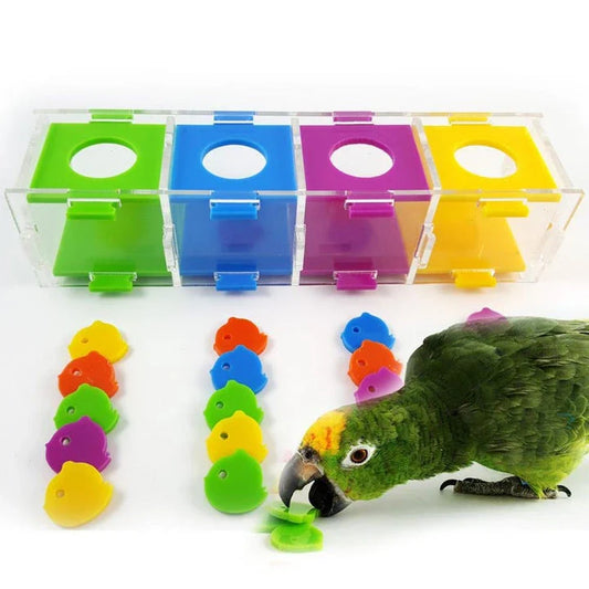 Colourful puzzle toy for parrots, featuring interlocking pieces to stimulate cognitive development and mental agility.