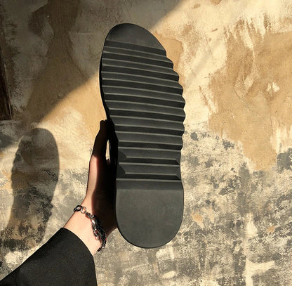 Premium microfiber leather casual shoes with thick rubber sole, low-top design, and striking Korean-inspired details