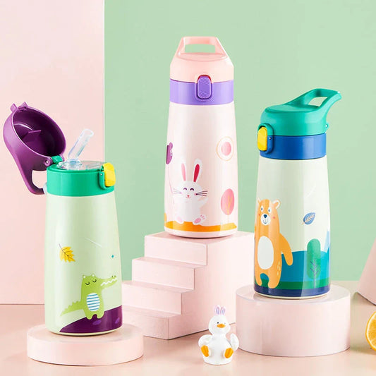 Charming cartoon-themed stainless steel thermal mug with 500ml capacity, perfect for children's hydration needs