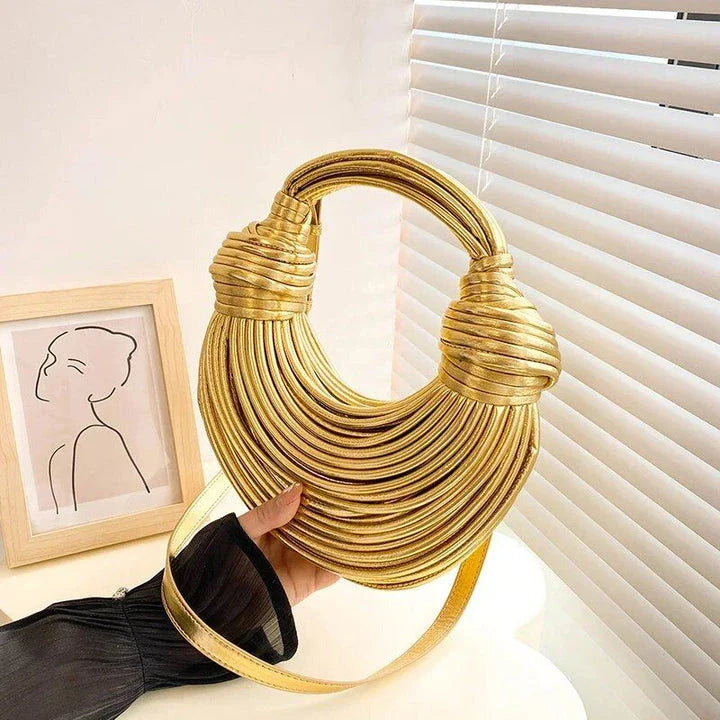 Elegant golden noodle knot evening clutch bag made from premium soft PU leather