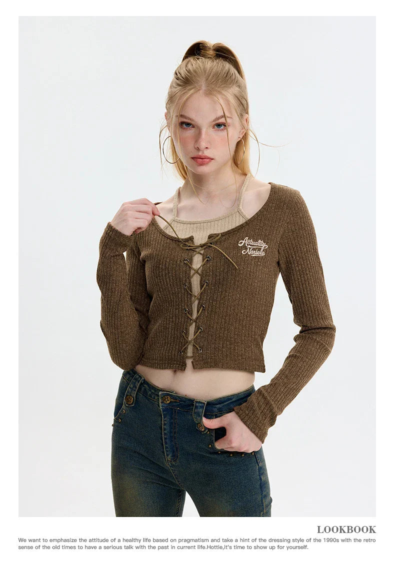 Elegant and cosy embroidered knit cardigan in grey and coffee colours, featuring long sleeves and a slim fit silhouette for stylish British women