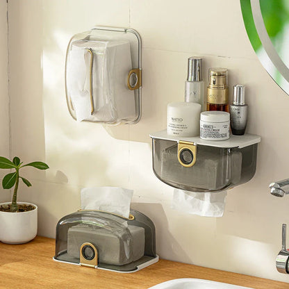Trendha Modern Wall-Mounted Tissue Box and Storage Dispenser in grey, featuring a sleek and stylish design for bathroom or kitchen organisation.