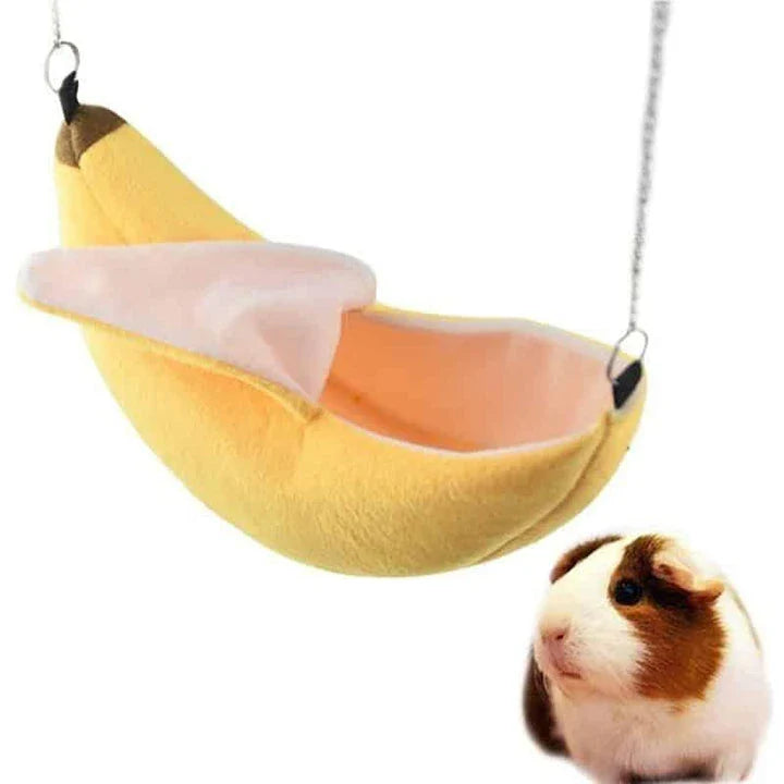 Cosy banana-shaped plush and fleece pet hammock in various vibrant colours for small animals like cats and rabbits