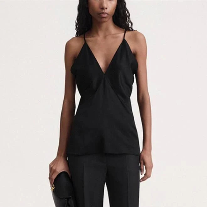 Elegant summer camisole with v-neck and backless design, made from soft viscose fabric for comfort and style