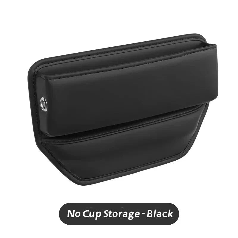 Leather Car Seat Gap Organiser with multiple storage compartments and cup holder, designed for easy installation and a sleek look in your vehicle.