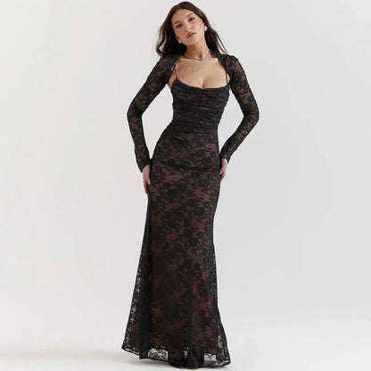 Elegant 2-Piece Lace Dress Set in Ivory, featuring a strap party dress and full sleeves outfit for formal occasions in the UK