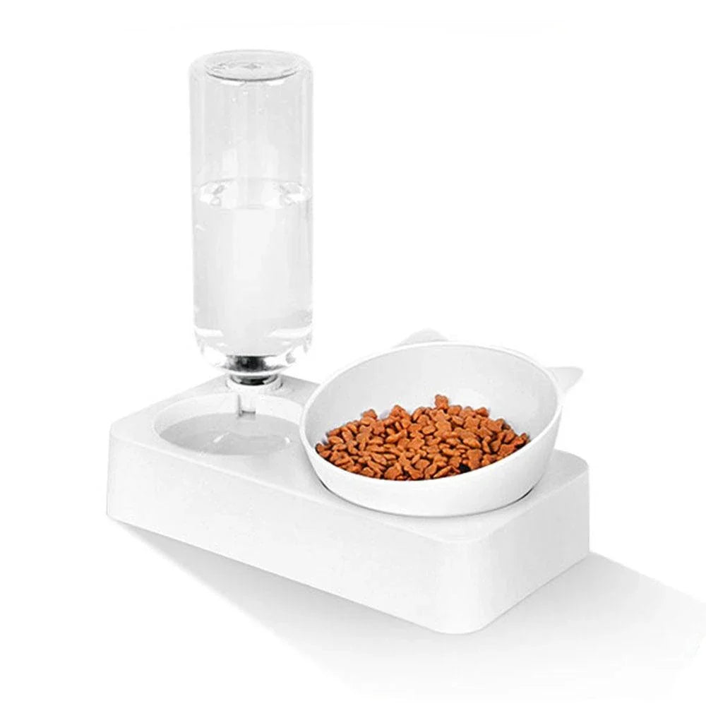 A sleek and rounded cat food and water bowl with an integrated water dispenser, made from high-quality plastic and designed for convenience and style.